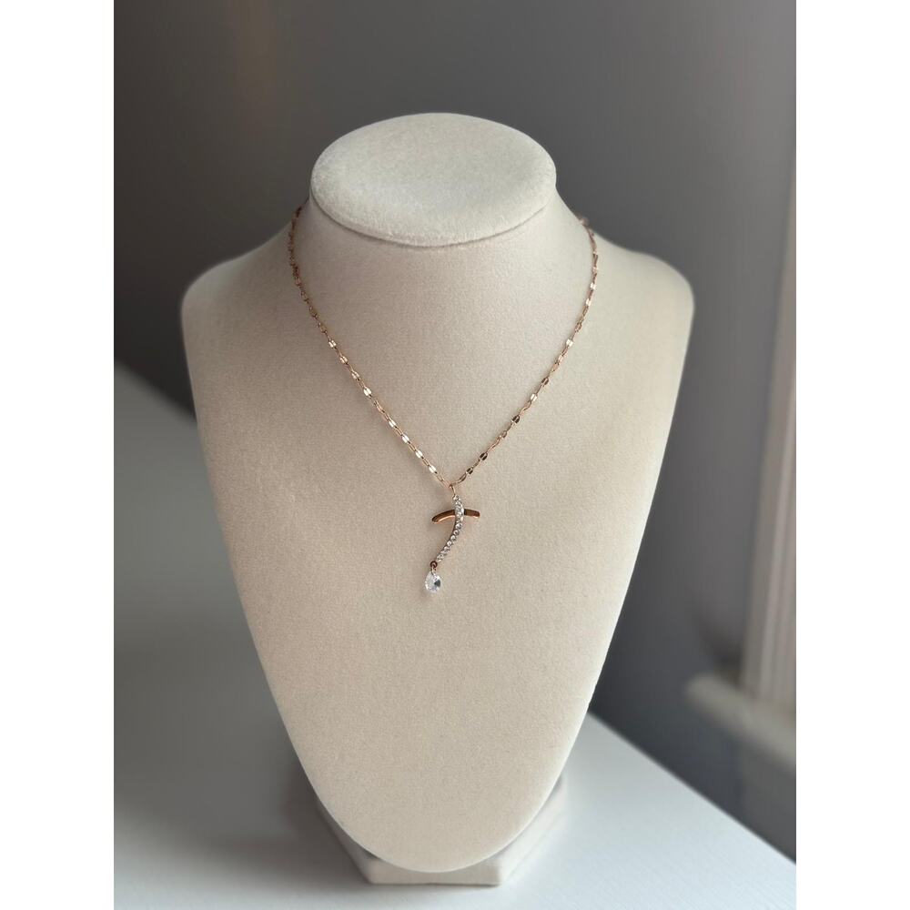 Rose Gold Curved Pendant Necklace Crystal Drop Dainty Elegant Jewelry - Picture 7 of 8